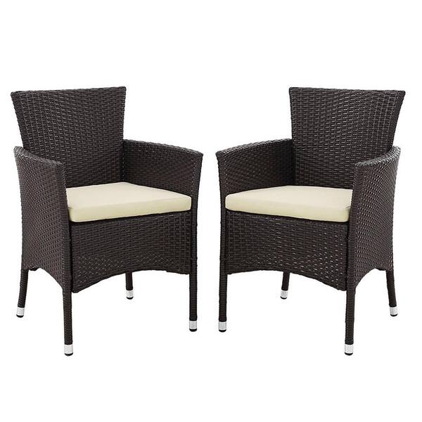 Walker Edison Furniture Company Brown Rattan Outdoor Dining Chair with White Cushions (Set of 2)