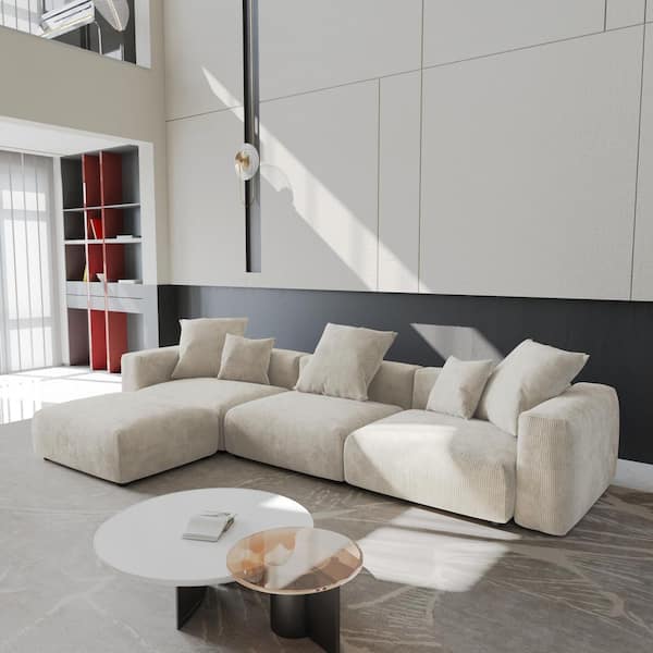 Unbranded 141.7 in. Square Arm Corduroy 4-Piece Modular Living Room Sectional Sofa with Deep Seat and Ottoman in Beige 5-Seater