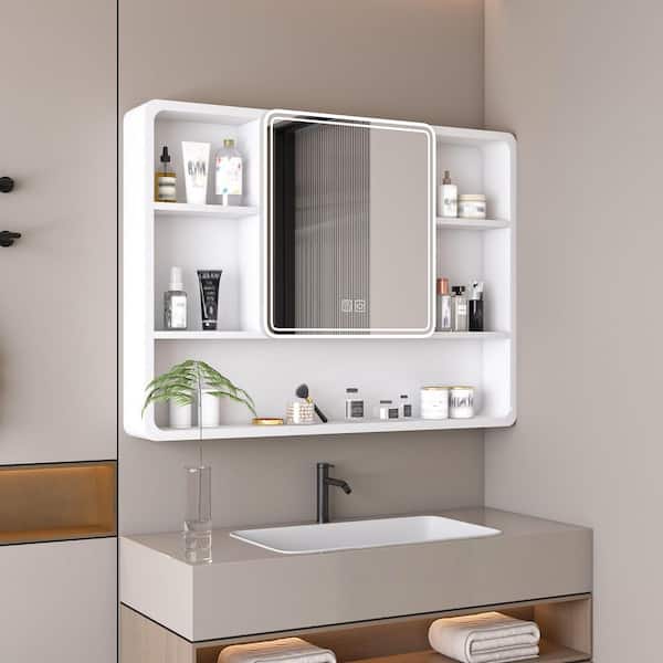 35.4 in. W x 27.6 in. H Rectangular Aluminium Medicine Cabinet with Mirror, LED Light, Cosmetic Rack, Defogging Function