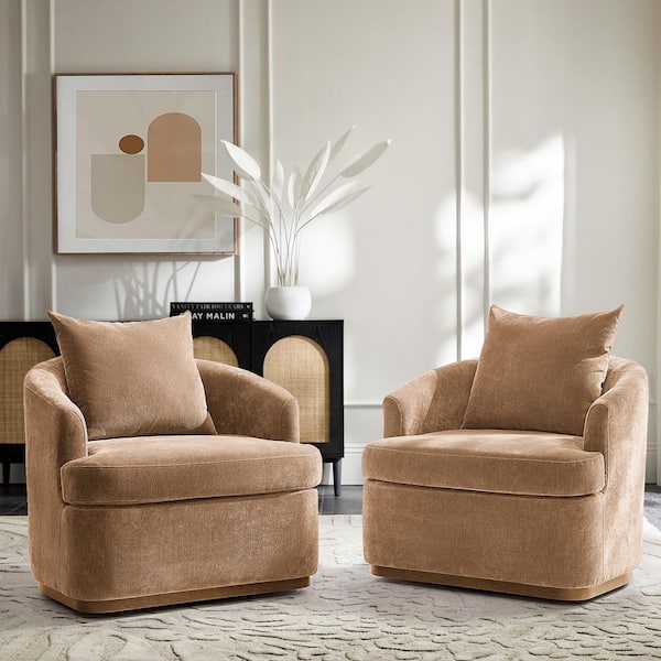 Irene Camel Polyester Swivel Armchair with Solid Wood Legs (Set of 2)