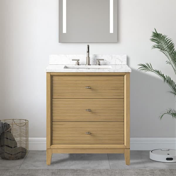 30 in. W Single Sink Freestanding Natural Oak Bath Vanity Cabinet with Arabescato White Engineered Marble Top