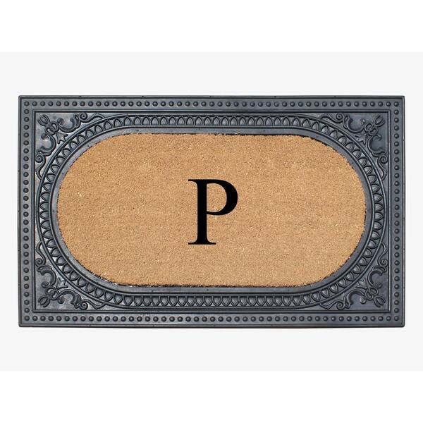 A1 Home Collections A1HC Oval Black/Beige 24 in. x 39 in. Rubber and Coir Heavy Duty Easy to Clean Monogrammed P Door Mat