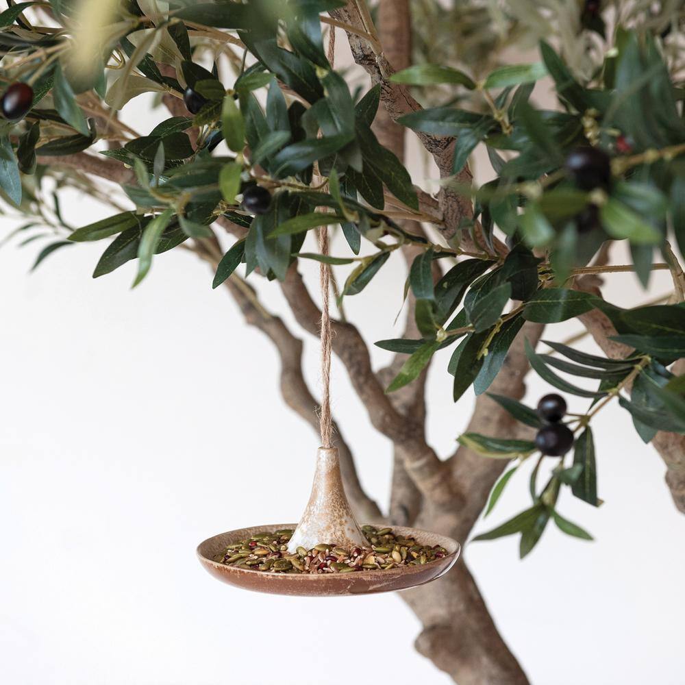 Tan Reactive Glaze Ceramic Hanging Bird Feeder with Jute Hanger
