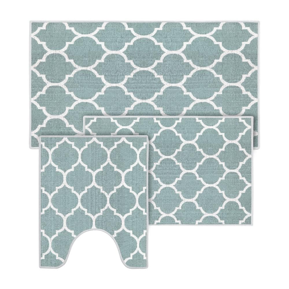 SUSSEXHOME Gray-Blue Color Geometric Trellis Design Cotton Non-Slip Washable  Thin 3-Piece Bathroom Rugs Sets BTH-OT-01-Set - The Home Depot