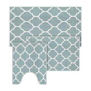 Light Teal Color Geometric Trellis Design Cotton Non-Slip Washable Thin 3-Piece Bathroom Rugs Sets