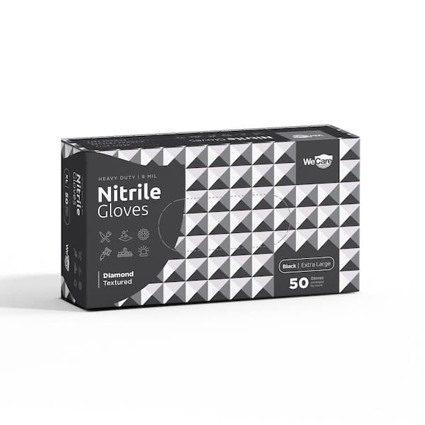 WeCare 8 Mil Extra-Large Heavy-Duty Nitrile Gloves in Black with Diamond Texture Grip Powder and Latex Free (50-Count)