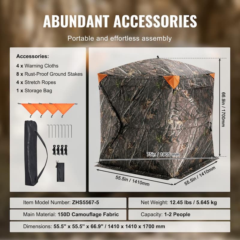 Hunting Blind, 270-Degree See Through Ground Blind, 1-2 Person Pop Up Deer Blind for Hunting with Carrying Bag, Portable