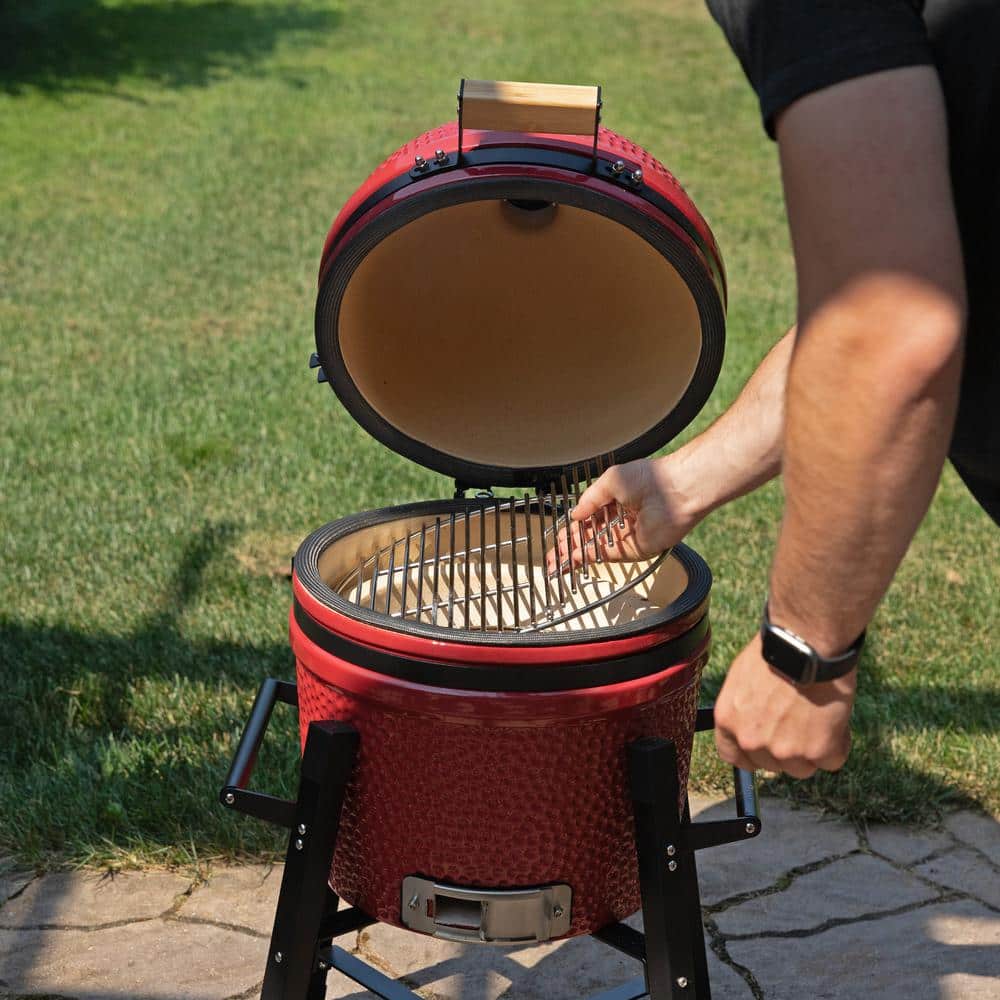 Red Ceramic Kamado Egg Grill with Smoker and Stand