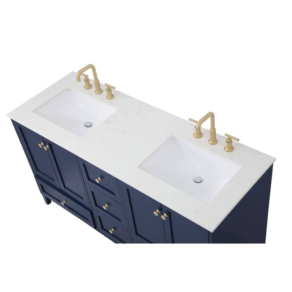 Blue and Gold Double Freestanding Bathroom Vanity with Marble Top