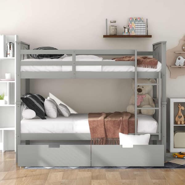 Gray Full Over Full Bunk Bed with Drawers and Ladder for Bedroom, Guest Room Furniture
