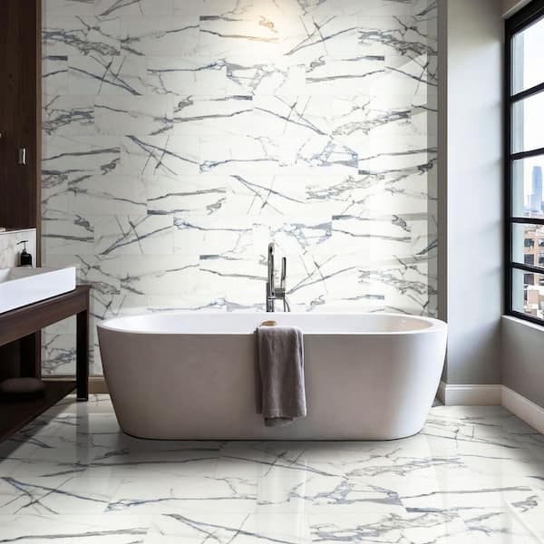 Carrara Azul Polished White Tile Gray Veining Porcelain Marble Look Tile 12 in. x 24 in.,Floor and Wall(16 sq. ft./Case)