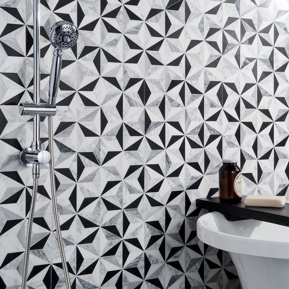 Phantom Black and White Geometric Marble Mosaic Tile