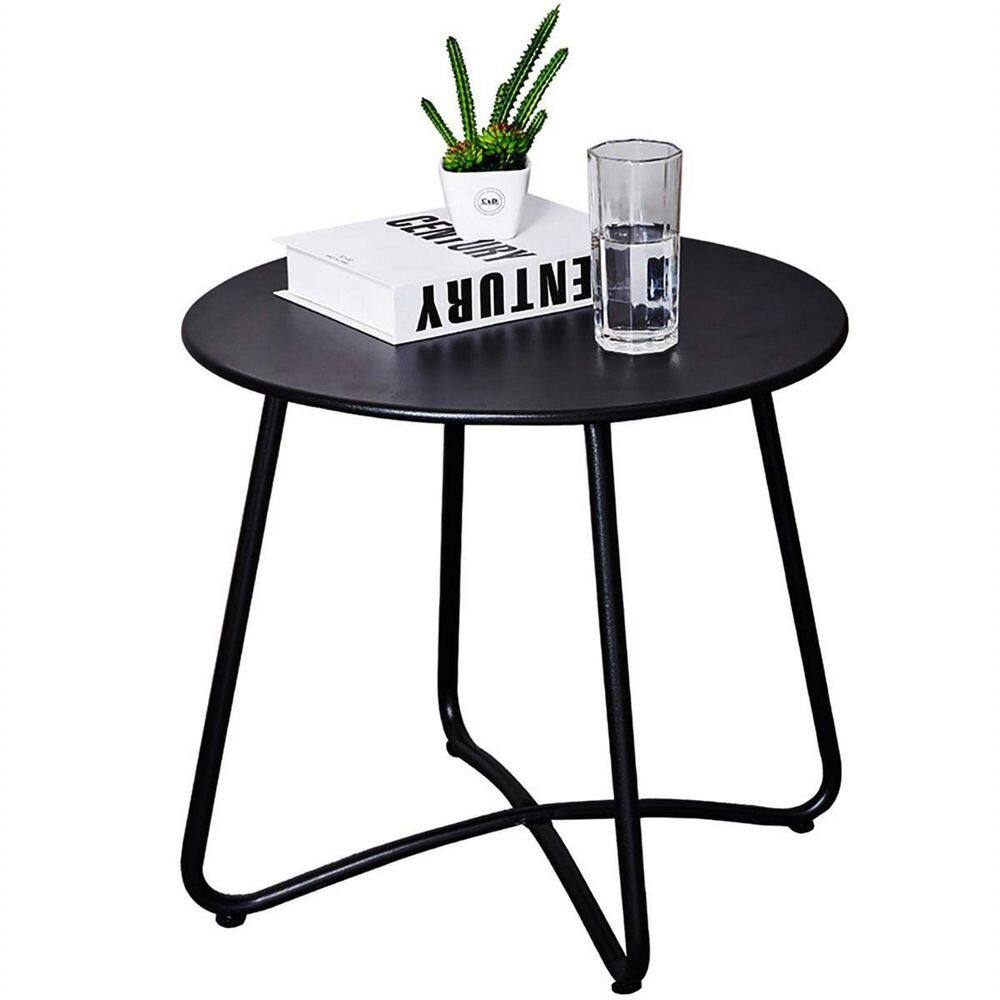 15.6 in. Black Outdoor Side Table Round Metal Waterproof Portable Outdoor S
