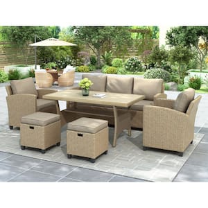 6-Piece Outdoor Rattan Wicker Set Patio Garden Backyard Sofa, Chair, Stools and Table with Brown Cushion