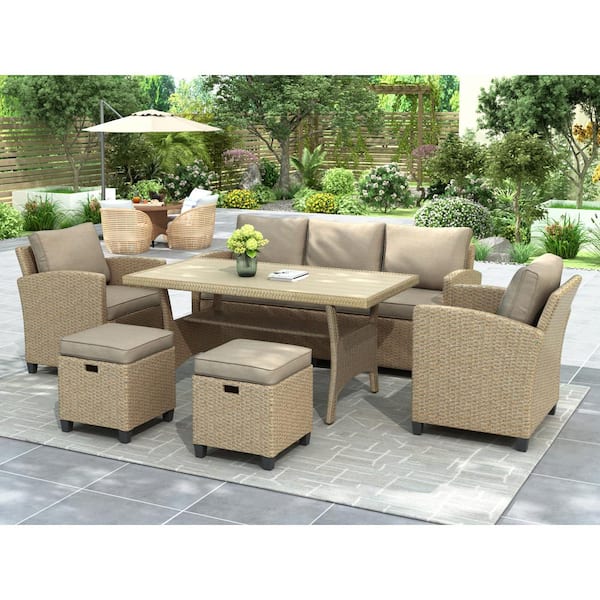 Afoxsos 6-Piece Outdoor Rattan Wicker Set Patio Garden Backyard Sofa, Chair, Stools and Table with Brown Cushion