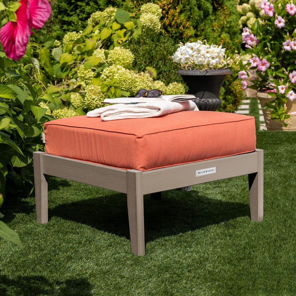 Lehigh Woodland Brown Recycled Plastic Outdoor Deep Seating Ottoman with Canvas Persimmon Cushion