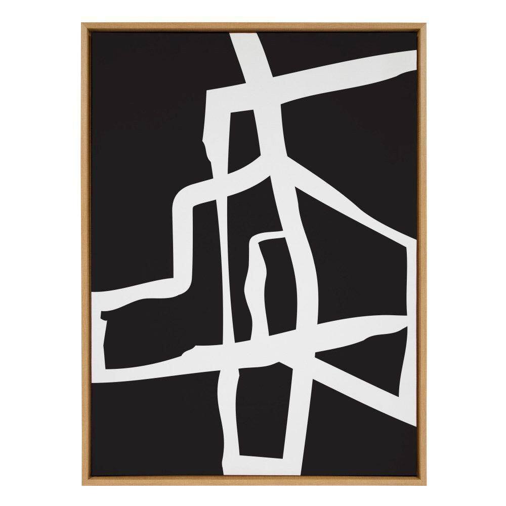 Bold Sophisticated Abstract Black and White Canvas Art with Natural Frame