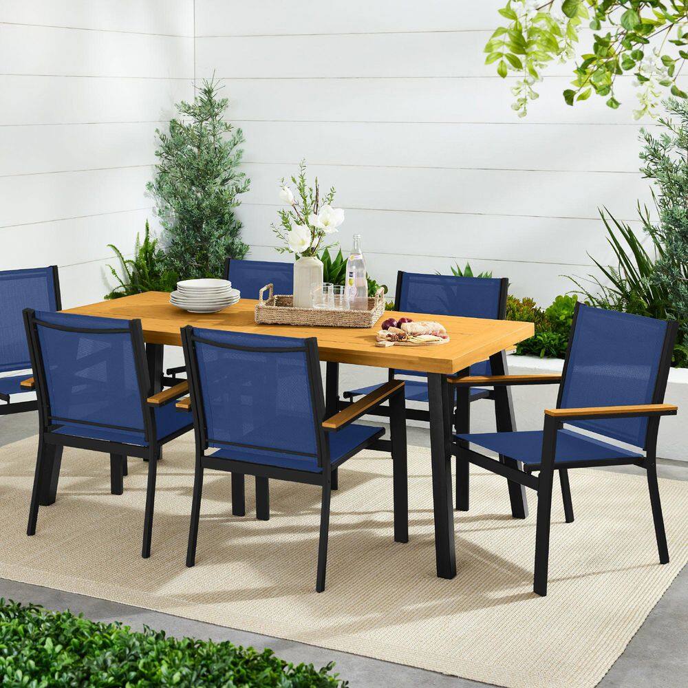Set of 2 Blue Metal Armchairs with Wooden Armrests