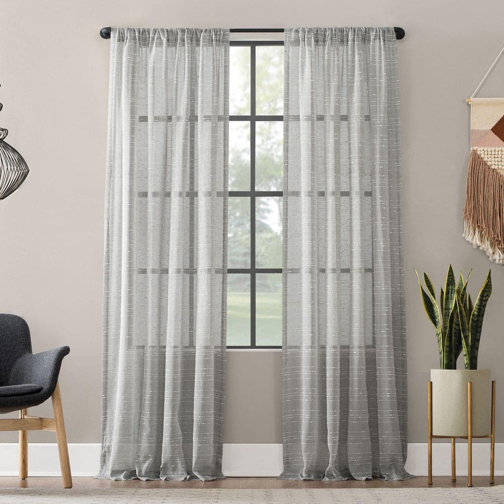 Aya Textured Slub Stripe Linen Blend 52 in. W x 63 in. L Sheer Rod Pocket Curtain Panel in Gray price history on PriceWatchPro