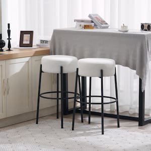 30" H Beige Backless Metal Round Upholstered Bar Stools, Teddy Fabric, Set of 2