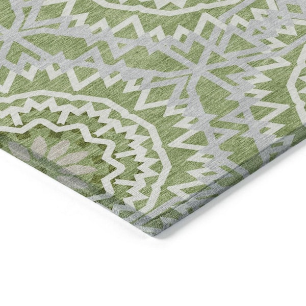 Olive Green, Ivory 5 ft. x 8 ft. Woven Floral, Medallion Polyester Rectangle Indoor/Outdoor Area Rug