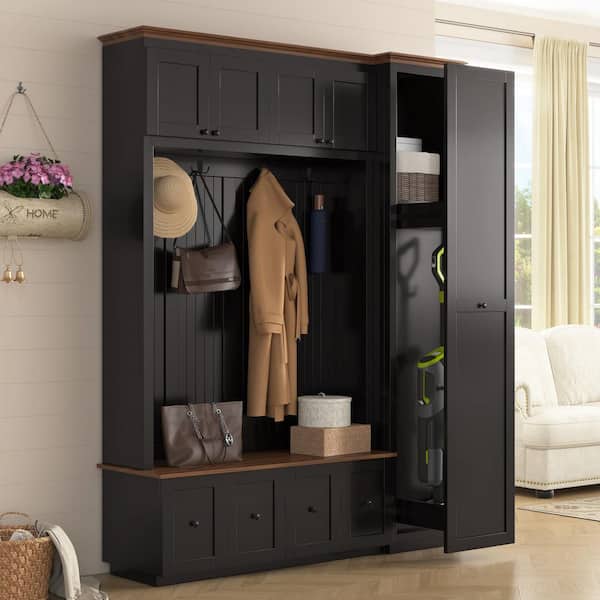 Northgrove Farmhouse Black MDF Wood Entryway Hall Tree with Storage Shoe Bench, Cabinets, Drawers and Hooks
