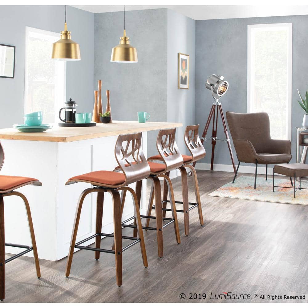 Mid-Century Modern Orange Swivel Wood Counter Stool