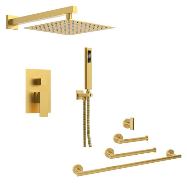 EVERSTEIN Single-Handle 2-Spray Square 10 in. Dual Shower Head Wall Mount and Handheld 2.5 GPM with Towel Rack in Brushed Gold