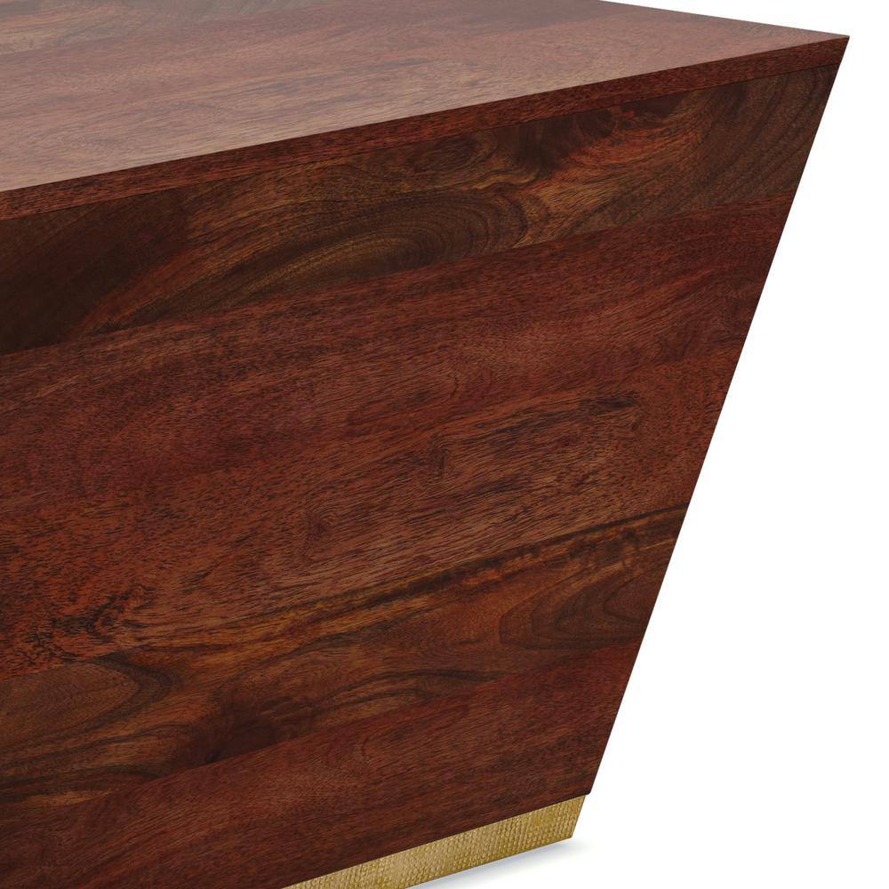Cognac Brown Solid Mango Wood Square Coffee Table with Brass Trim