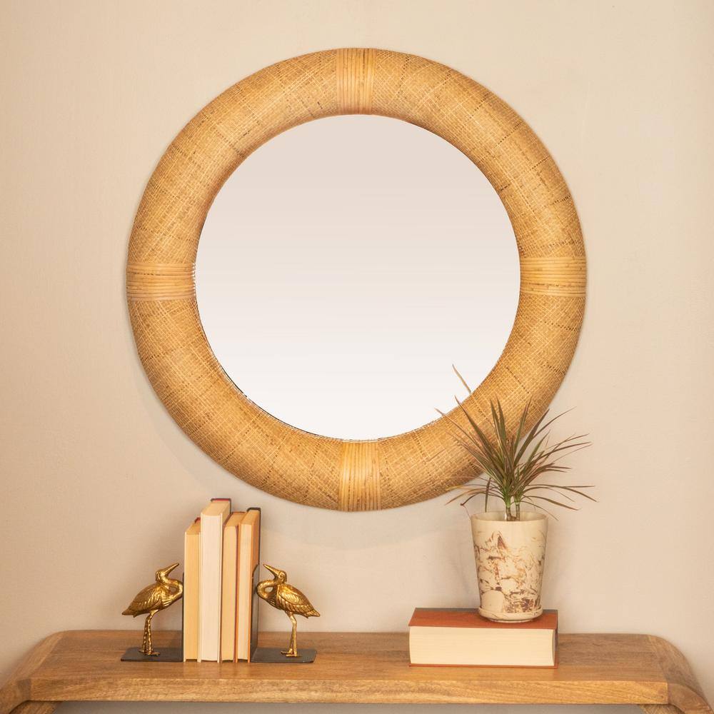 Natural Handwoven Rattan and Wood Round Wall Mirror