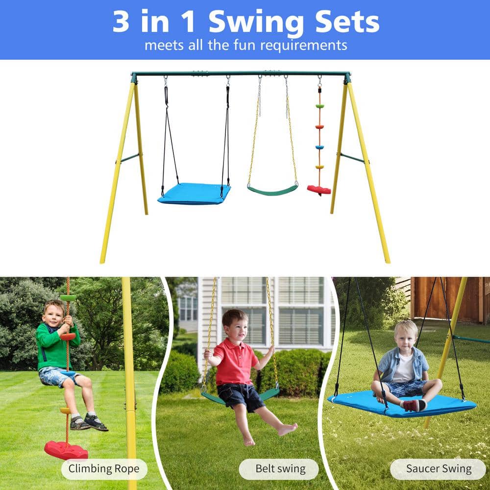 Yellow Steel Frame 3-in-1 Kids Swing Set with Climbing Ladder