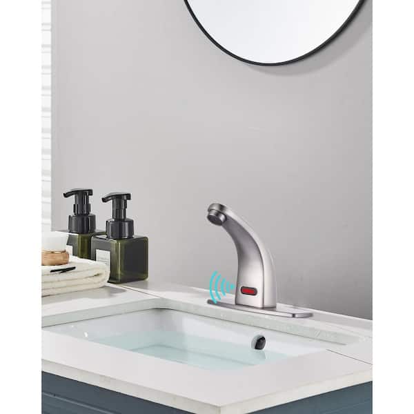 Automatic Sensor Touchless Single Hole Bathroom Faucet with Battery Operated Temperature Mixer and Deckplate in Nickel