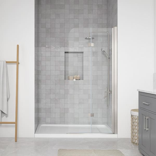 OVE Decors Sally 33.5 in. W x 72 in. H Bi-Fold Frameless Shower Door in Satin Nickel Finish with Clear Glass