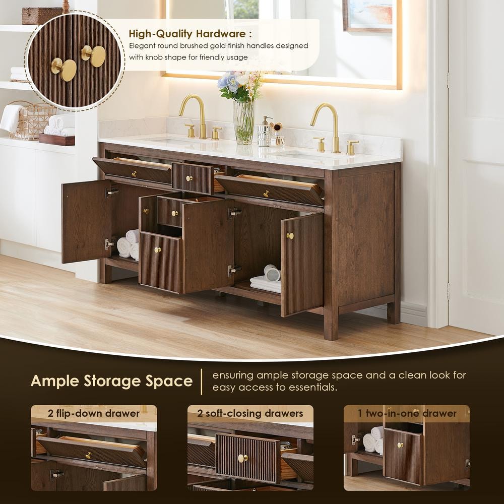Cerrito 72" Brown Oak Double Sink Vanity with White Stone Top