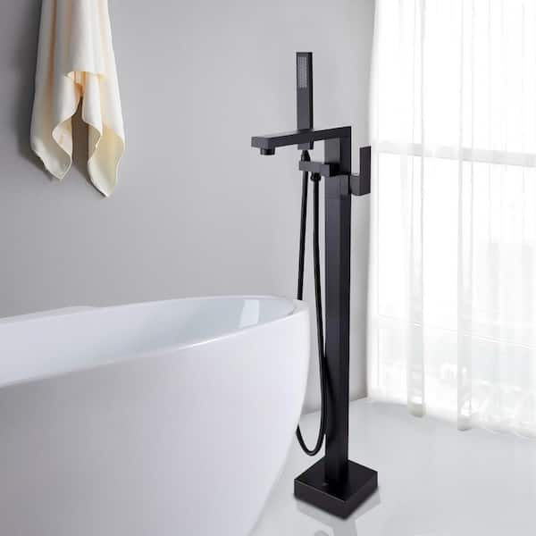 Matte Black Floor Mounted Tub Filler Freestanding Bathtub Faucet Brass Tap Single Handle with Handheld Shower