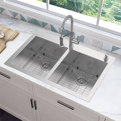 Zero Radius All-in-One Drop-in/Undermount 16-Gauge Stainless Steel 33 in. Double Bowl Kitchen Sink with Faucet
