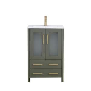 24 in. W x 18.1 in. D x 35.8 in. H Single Basin Vintage Green Bath Vanity with White Ceramic Top and Mirror