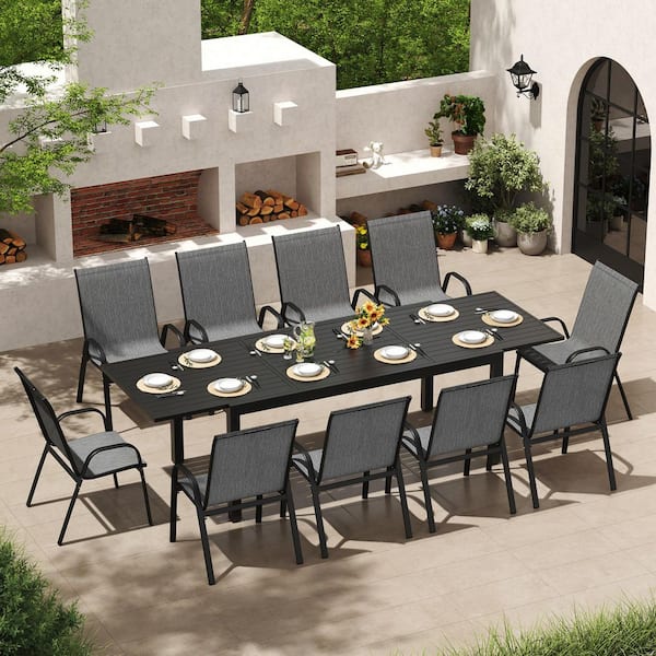 11-Pieces Aluminum Rectangle Outdoor Dining Set with 106.3 in. Extendable Table and 10 Textilene Chairs