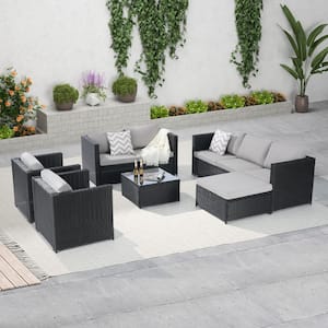 Black 6-Piece Wicker Outdoor Sectional Set with Light Gray Cushions and Dining Table