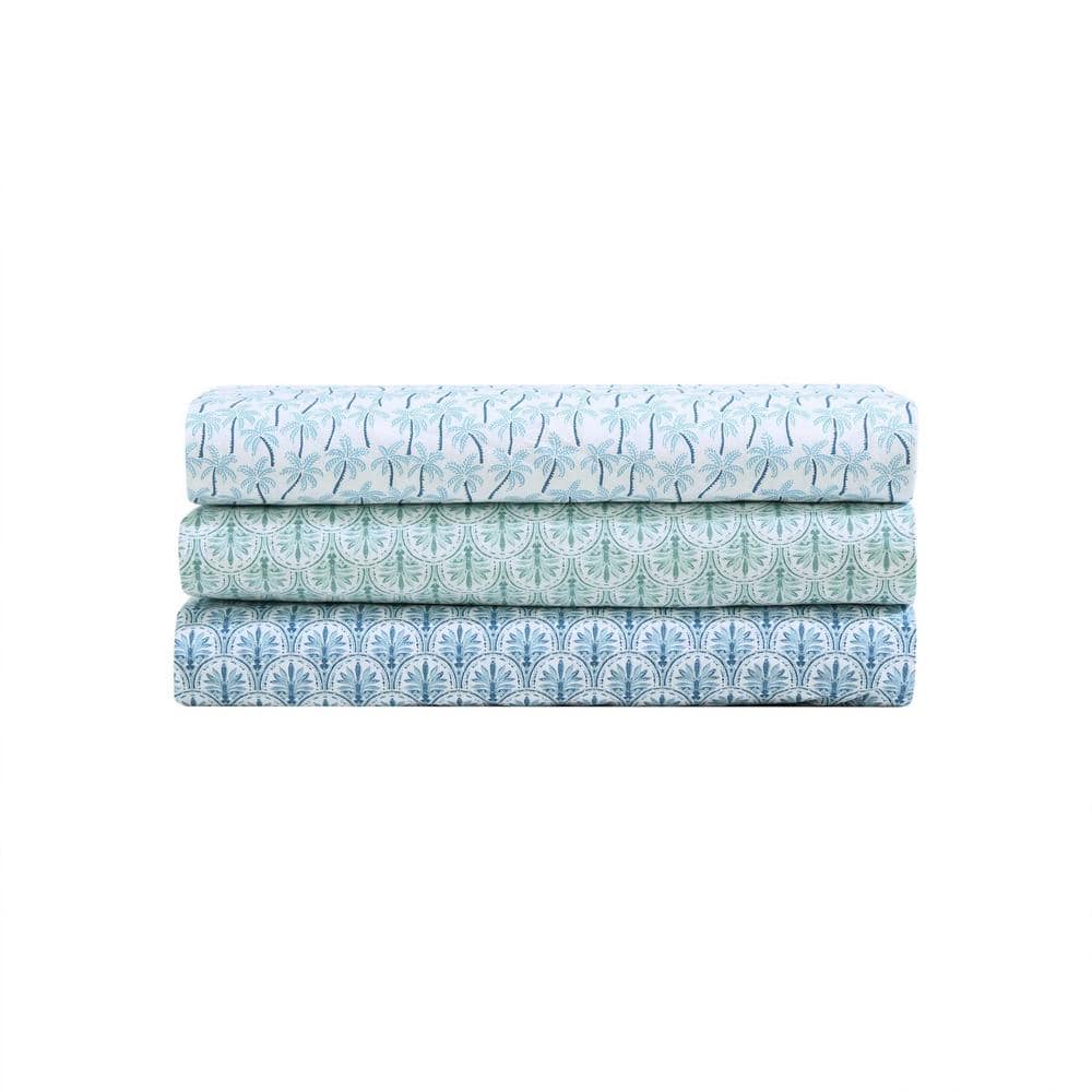 King Blue Cotton Percale Palm Print Sheet Set