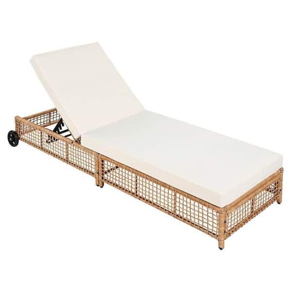 Unbranded Natural Wicker Rattan Patio Outdoor Lounge Chair with Beige Cushion, 5-Position Backrest, Wheels for Poolside, Backyard