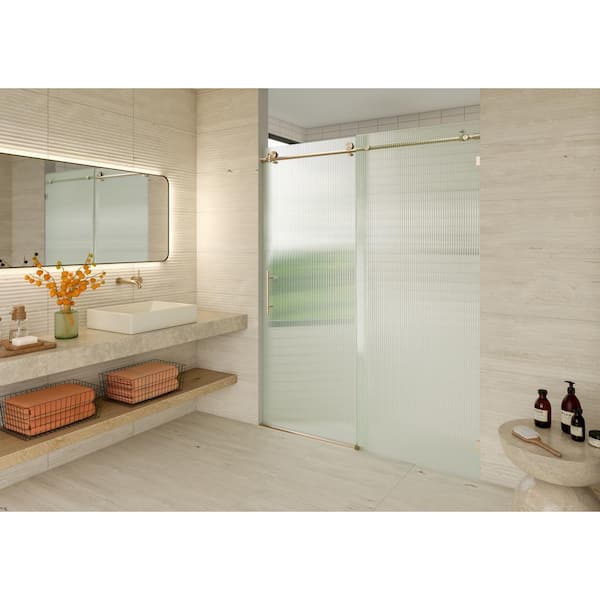 Glass Warehouse Galaxy 56 in. - 60 in. W x 78 in. H Frameless Sliding Shower Door in Brushed Bronze with Fluted Glass