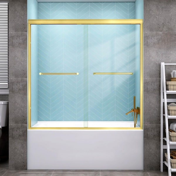56 in.-60 in. W x 58 in. H Semi-Frameless Double Sliding Tub Door Alcove Bathtub Door in Brushed Gold with Clear Glass