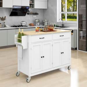 Kitchen Island 2-Door Storage Cabinet with Drawers and Stainless Steel Top, White