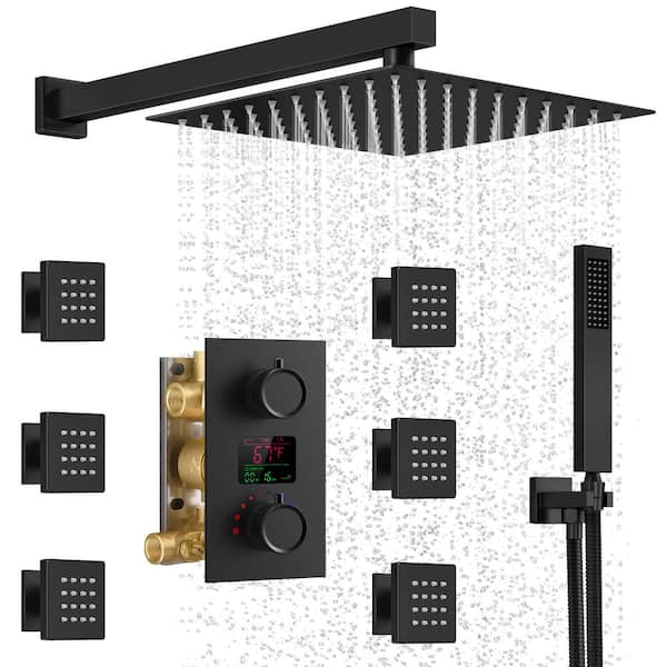 YAWWALK 3-Spray Wall Mount Dual Shower Head Fixed and Handheld Shower Head with 6-Jets in Matte Black (Valve Included)