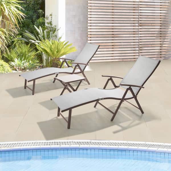 Pellebant 3-Piece Adjustable Aluminum Outdoor Chaise Lounge in Light Gray with Side Table