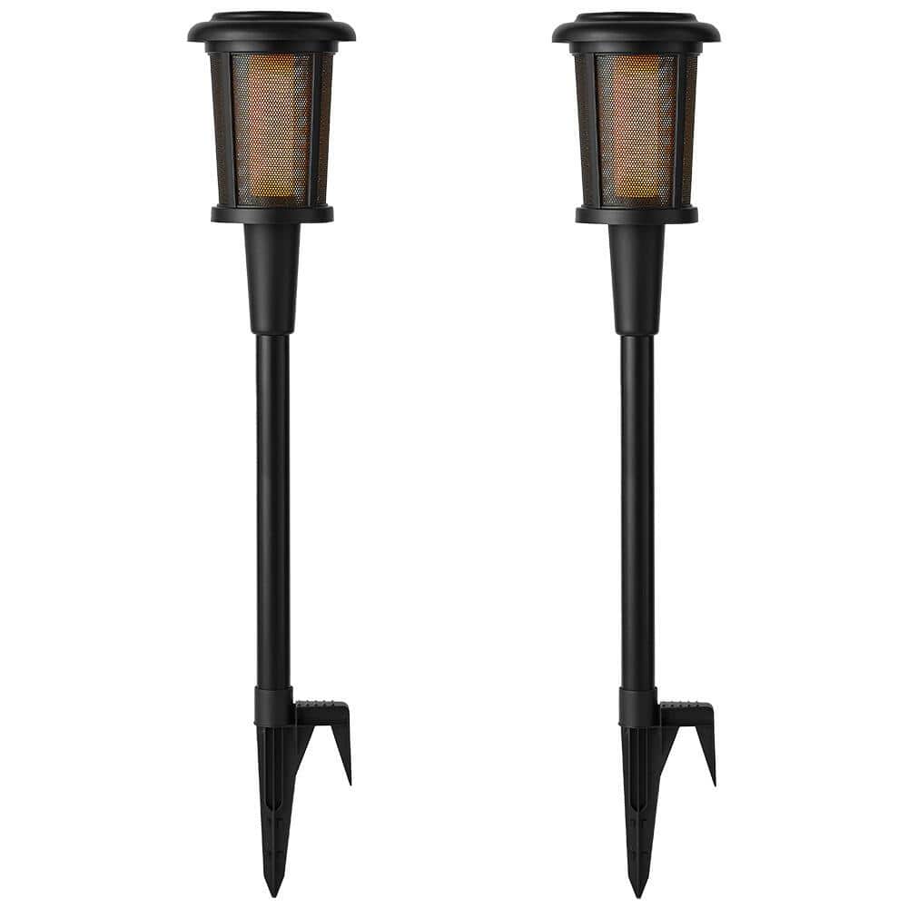 Hampton Bay Solar 6 Lumens Matte Black Outdoor Integrated LED Flicker Flame Torch Path Light with Adjustable Height (2-Pack)