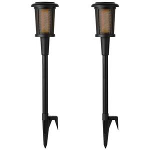 Solar 6 Lumens Matte Black Outdoor Integrated LED Flicker Flame Torch Path Light with Adjustable Height (2-Pack)