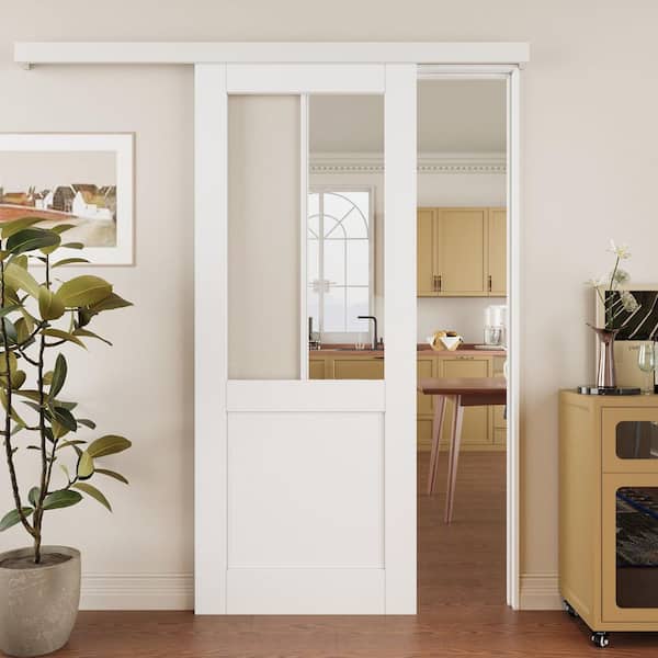 ARK DESIGN 32 in. x 80 in. Hidden Track Style 1/2-Lite Clear Glass White Primed MDF Sliding Barn Door with Hardware Kit