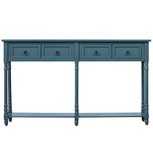57.9 in. Antique Navy Rectangle Wood Console Table Retro Style Entryway Tables with 2-Drawers and Bottom Shelf
